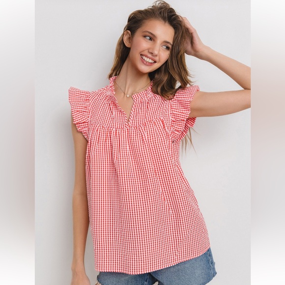 Gingham Ruffled Sleeveless Blouse - Picture 2 of 6